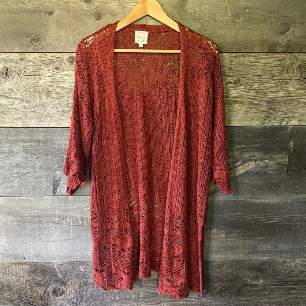 Hippie Rose Crochet‎ Mesh Cardigan S Rust Orange Beach Boho Flowy Lightweight